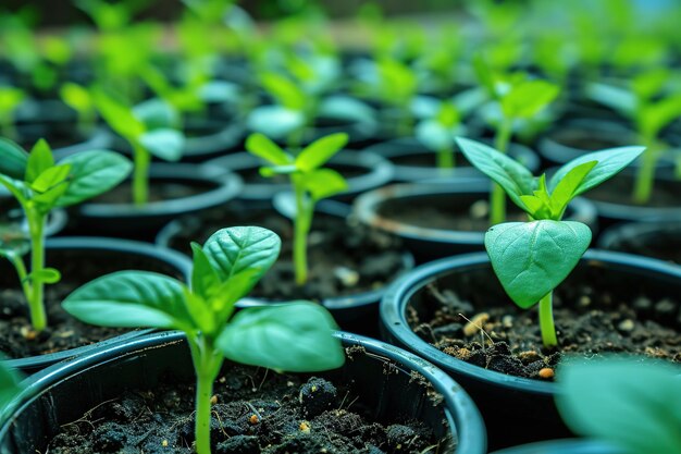 Close-up van planten die groeien uit zaden in een zwarte plastic pot