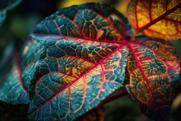 Foto close-up van plantenblad met uitbarsting van levendige kleuren en ingewikkelde patronen