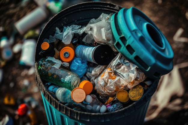 Foto close-up van plastic fles vuilnisbak gevuld met afval