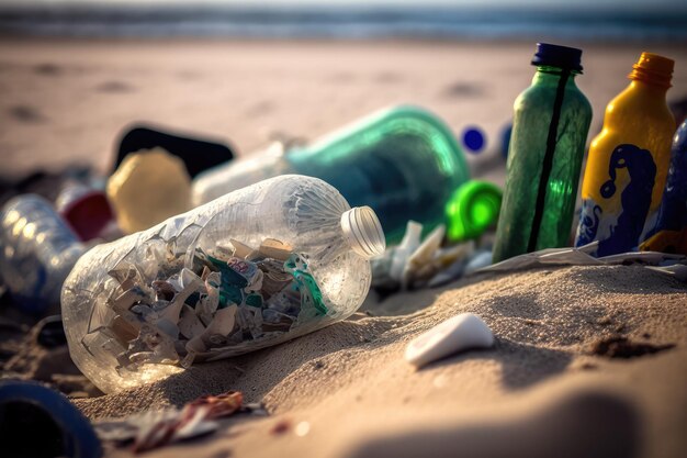 Close-up van plastic flessen en ander afval op het strand