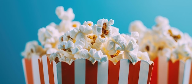 Foto close-up van popcorn dozen tegen een blauwe achtergrond