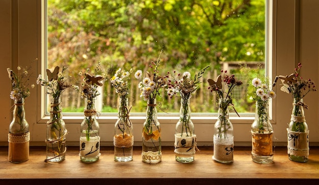 Close-up van potplanten op tafel tegen het raam thuis