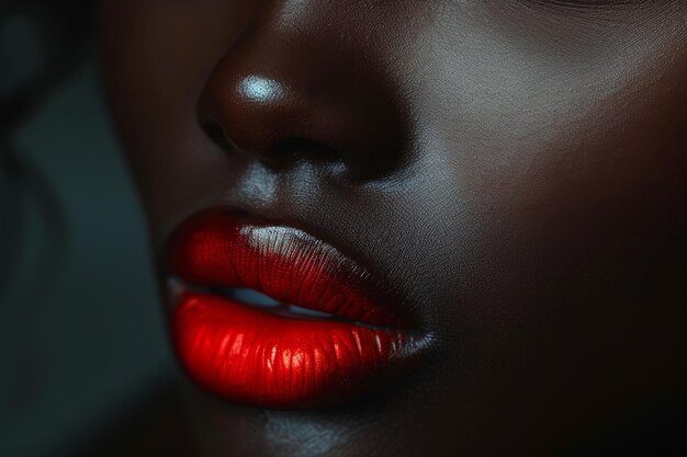 Close-up van prachtige vrouwelijke lippen met rode lippenstift van een Afro-Amerikaanse vrouw Modieuze make-up