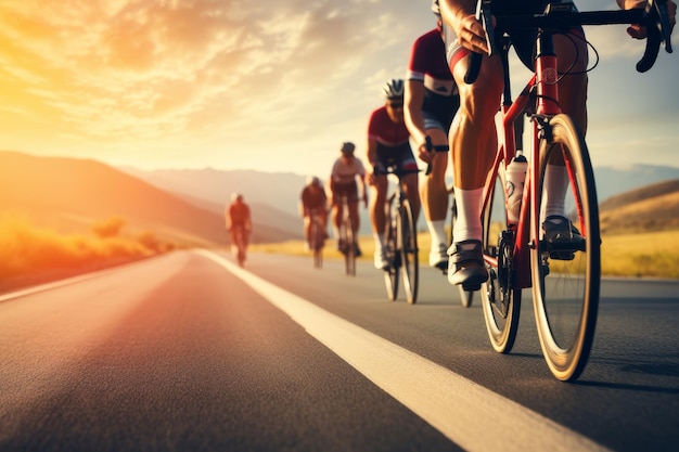 Close-up van professionele fietsers die met race-uitrusting op een open fietsroute rijden