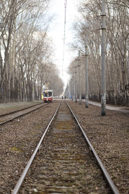 close-up van rails en ergens in de verte rijdt een tram