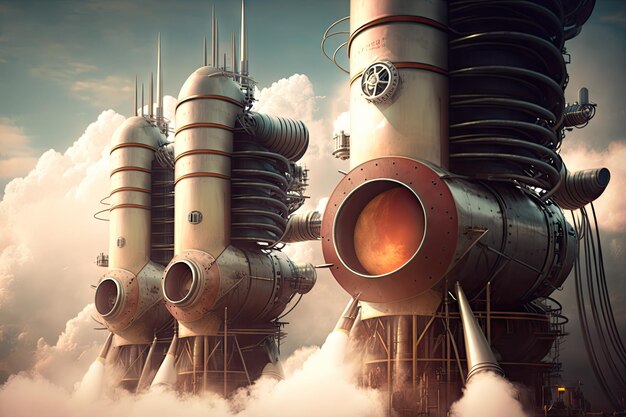 Close-up van raketmotoren met wolken op de achtergrond gemaakt met generatieve ai
