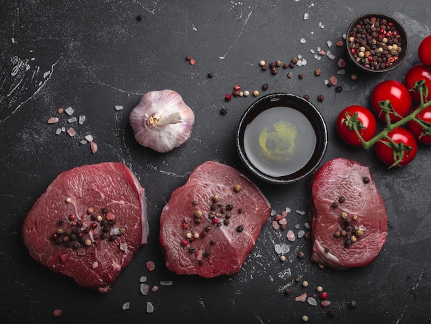 Close-up van rauw vers gemarmerd vlees steak op donkere rustieke betonnen achtergrond met kruiden, olijfolie, knoflook, tomaten klaar om te worden gekookt. Koken vlees filet concept, bovenaanzicht