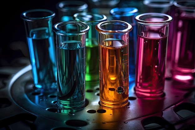 Close-up van reageerbuizen en bekers met kleurrijke vloeistof erin gemaakt met generatieve ai