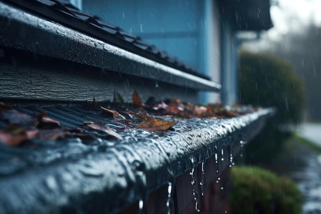 Close-up van regenwater dat over de rand van een dakgoot stroomt, gecreëerd met generatieve ai