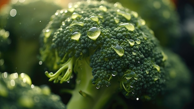 Foto close-up van rijpe broccoli met waterdruppels