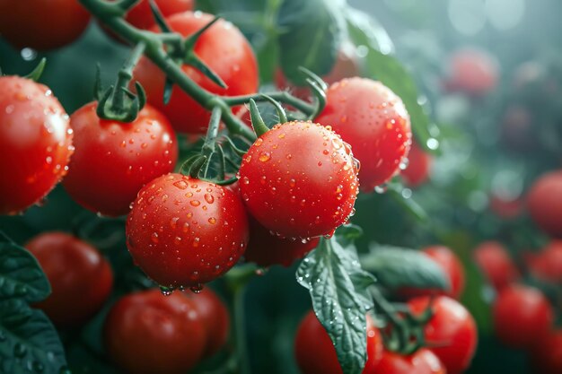 Foto close-up van rijpe kersen tomaten met waterdruppels op de tak generatieve ai