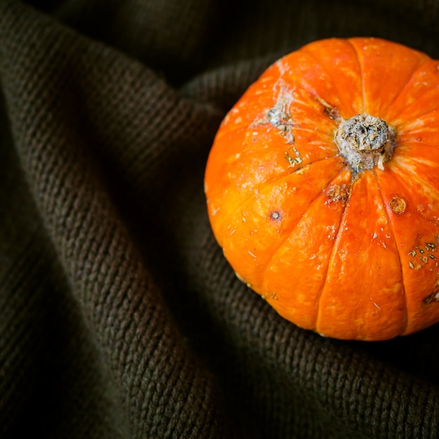 Close-up van rijpe oranje pompoen op gebreid