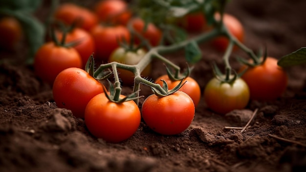 Foto close-up van rijpe tomaten die op grond groeien generatieve ai