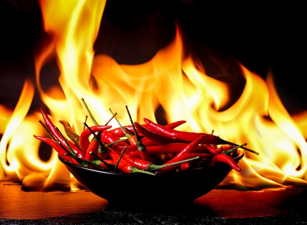 Foto close-up van rode chili pepers tegen het vuur