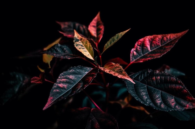 Close-up van rode en groene bladeren op zwarte achtergrond