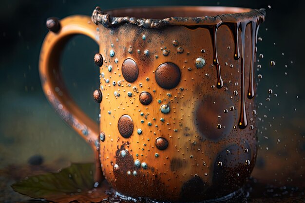 Close-up van roestige ijzeren mok met druppels en druppels water