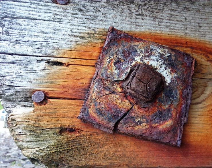 Foto close-up van roestige metaal en spijker in een houten plank