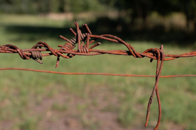 Foto close-up van roestige metalen prikkeldraad buiten