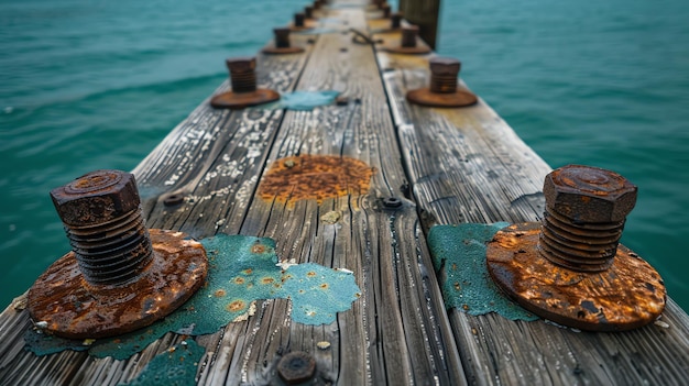 Foto close-up van roestige schroeven op een houten dok met een wazige achtergrond van blauw water