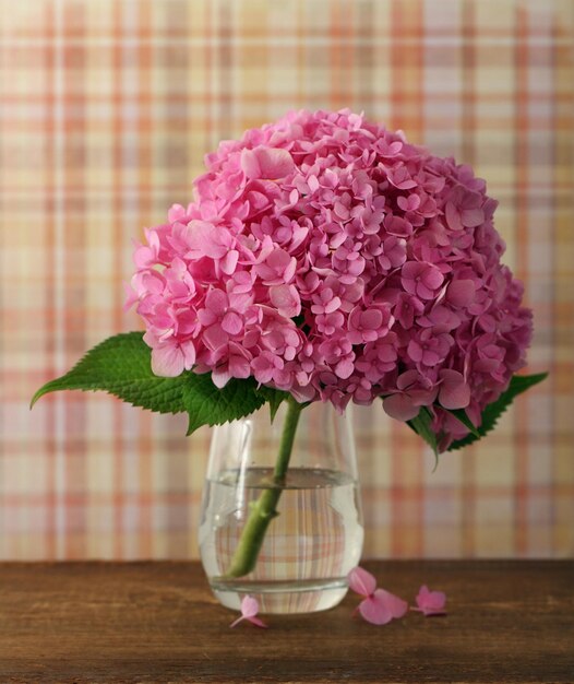 Close-up van roze bloemen in een vaas op tafel