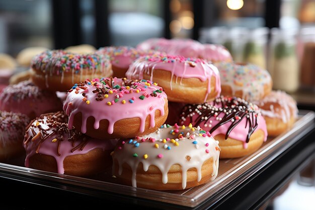 close up van roze donuts in bakkerij