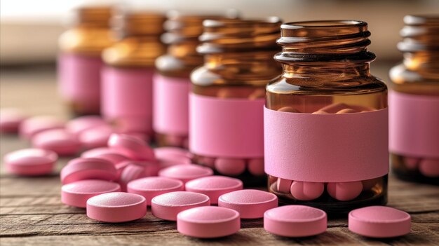 Foto close-up van roze pillen en medicijnflessen op houten oppervlak