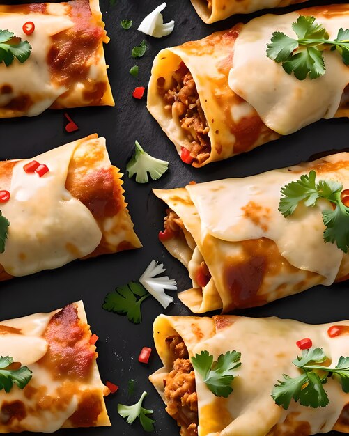 Close-up van rustieke Mexicaanse enchiladas op zwarte achtergrond