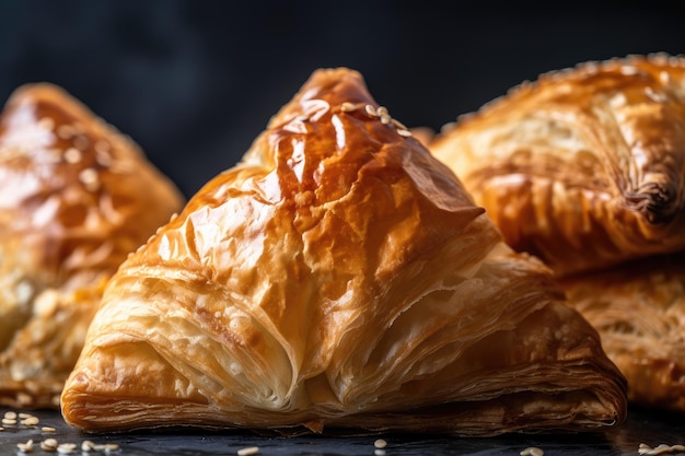 Close-up van samsa zijn knapperige buitenkant en vlokkig deeg zichtbaar