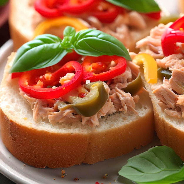 Close up van sandwiches met ingeblikte tonijnpeper en basilicum op roomkaas op een bord