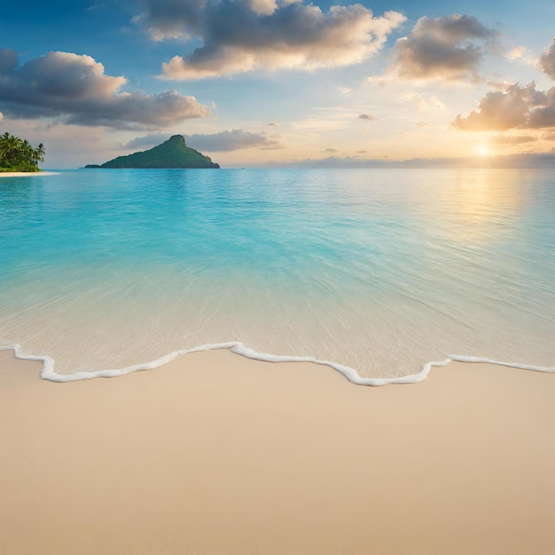 Close-up van Sandy tropisch strand met eiland op de achtergrond concept