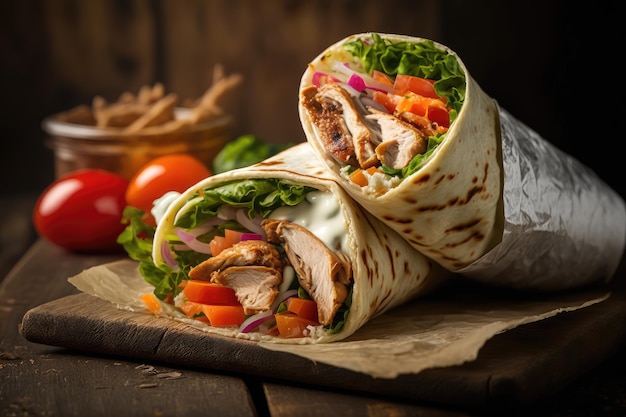 Close-up van sappige kip shoarma wrap met gesneden vlees en groenten gemaakt met generatieve ai