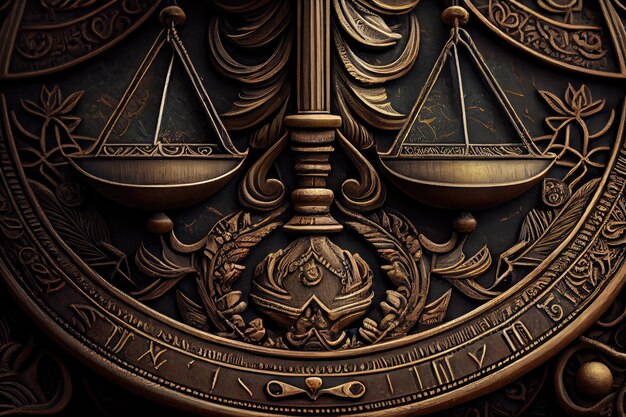 Close-up van schalen van rechtvaardigheid met ingewikkelde details en zichtbare gravures
