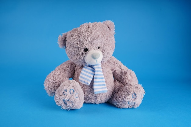 Close up van schattige teddybeer Zacht pluche speelgoed op blauwe achtergrond