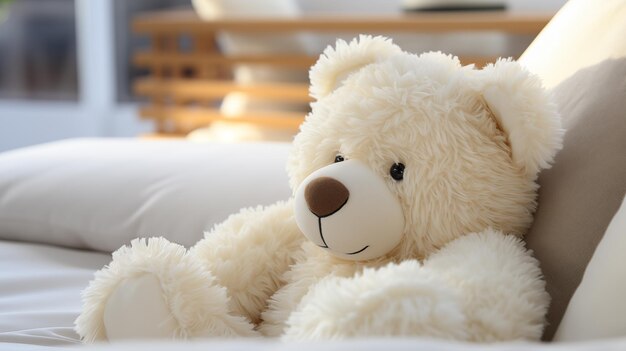 Close-up van schattige witte teddybeer liggen in een wit bed bij daglicht