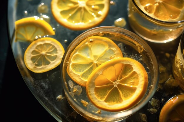 Close-up van schijfjes citroen drijvend in ijskoude kruik gemaakt met generatieve AI