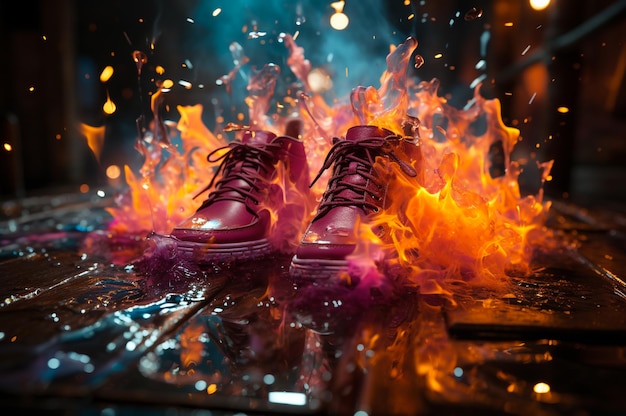 Close-up van schoenen die in neonpoelen blijven regen en vuur in de stad Generatieve AI