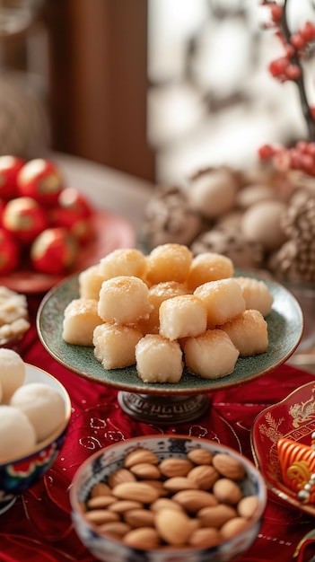 Close-up van smakelijke Chinese Nieuwjaar traktaties zoete rijst cakes en amandel koekjes prachtig gerangschikt op