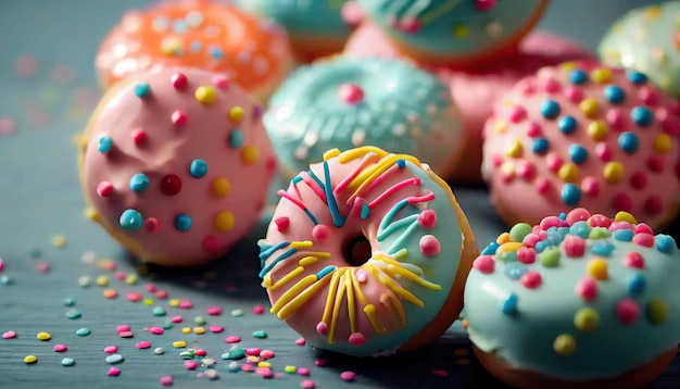 Close-up van smakelijke heerlijke zoete broodjes donuts met kleurrijke suikerglazuur en hagelslag Dessertbakkerij