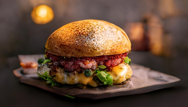 Close-up van smakelijke zelfgemaakte rundvleesburger en salade op rustieke houten achtergrond Fastfood en junkfood