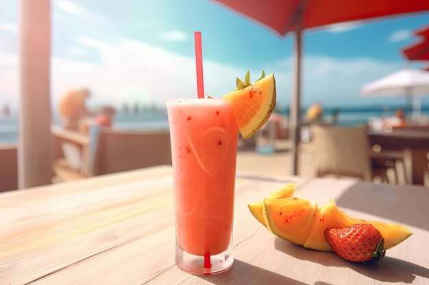 Close-up van smoothie frappe vruchtensap met ander fruit op houten achtergrond met generatieve AI