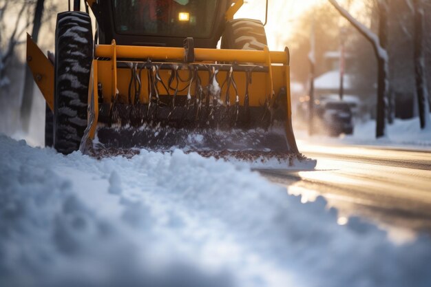 Close-up van sneeuw die wordt geduwd door een ploegblad gemaakt met generatieve ai