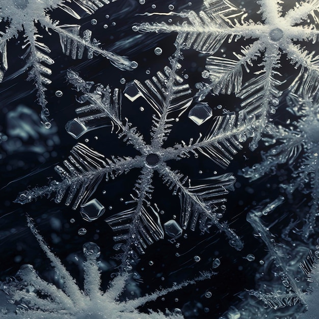 close-up van sneeuwvlokken die tegen een zwarte achtergrond vallen