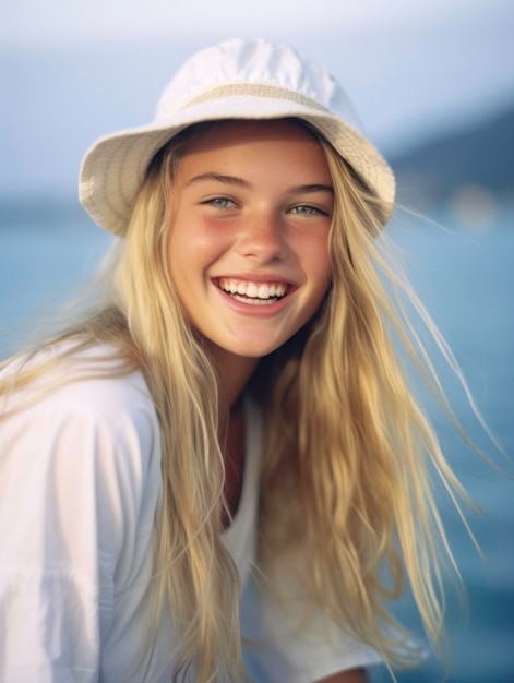 Foto close-up van speelse jonge vrouw met licht haar en blauwe ogen gegenereerd door ai