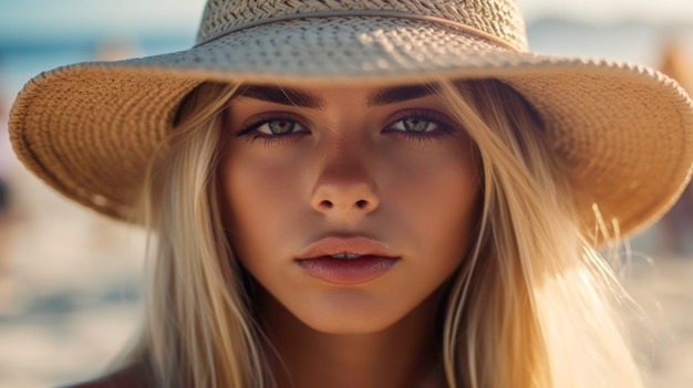 Close-up van speelse jonge vrouw met licht haar en blauwe ogen gegenereerd door AI