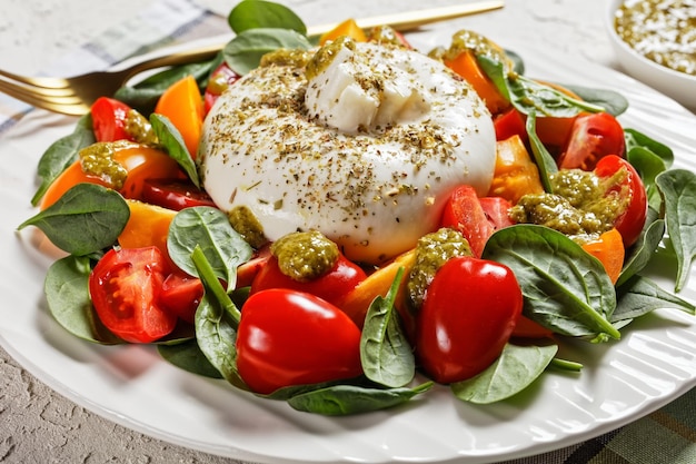 Close-up van spinazie, tomaat en Burrata kaassalade met basilicumpestodressing op een witte plaat, Italiaanse keuken