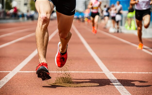 Foto close-up van sterke atletische benen die een marathon lopen professionele sprinters sportconcept