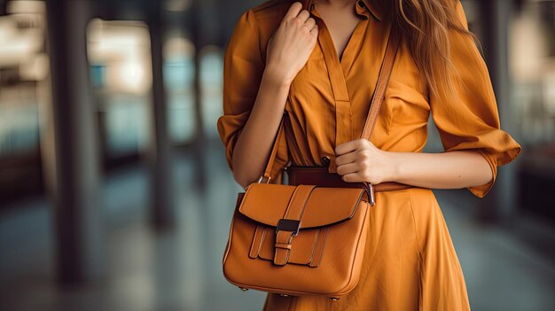 Close up van stijlvolle modieuze vrouw, gekleed in lichte jurk met bruine tas handtas Generatieve Ai