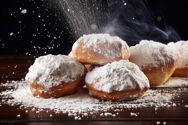 Foto close-up van suikerpoeder op beignets