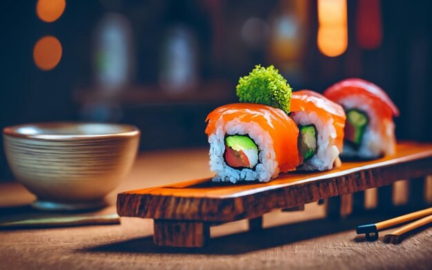 Close-up van sushi geserveerd in plaat op tafel