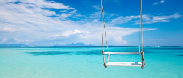 Close-up van swing op exotisch tropisch strand met uitzicht op oceaan en kustlijn Vakantie vrije tijd mocku